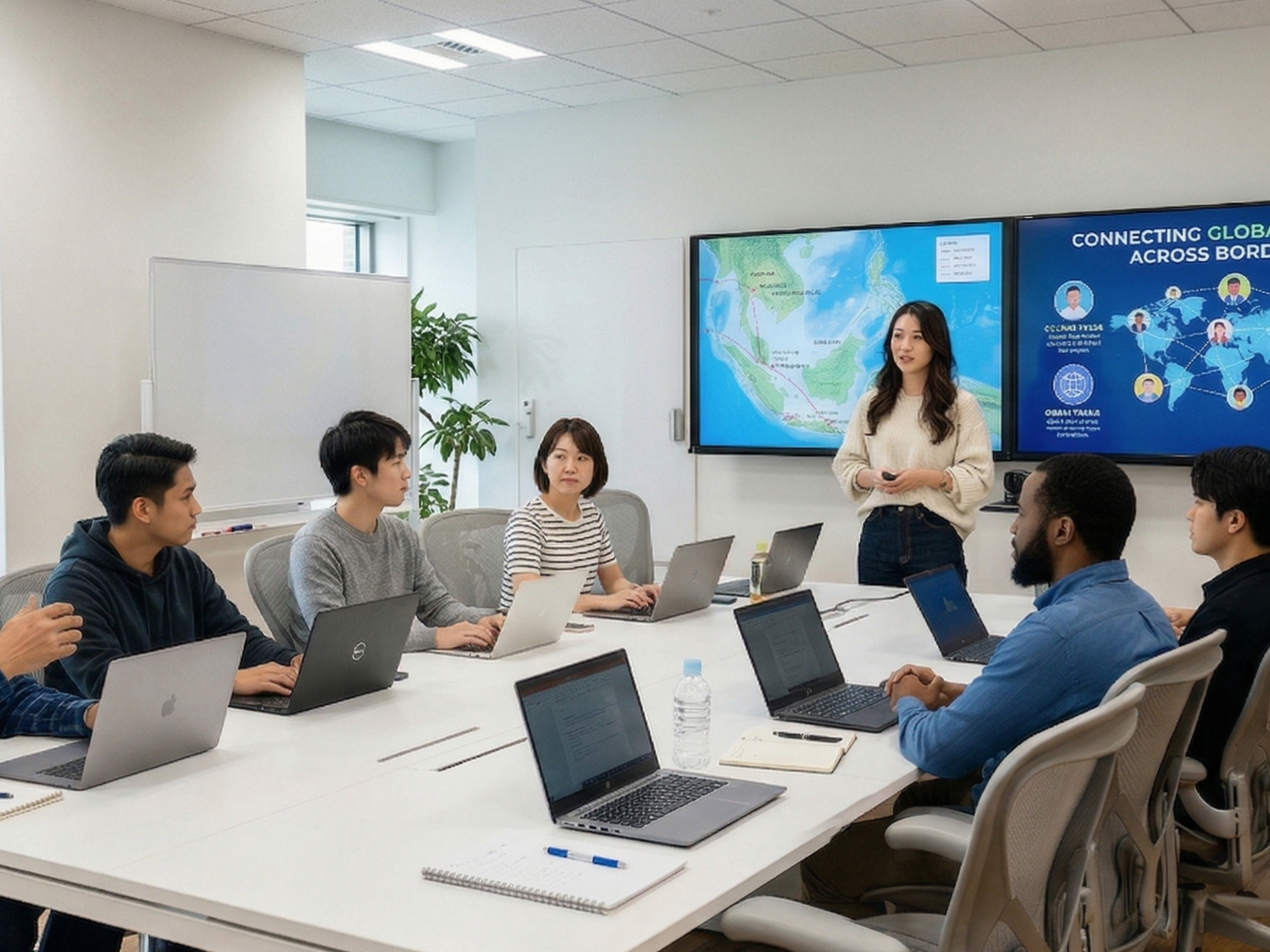 多国籍チームがオフィスでグローバルコネクティビティネットワークを確認しているシーン